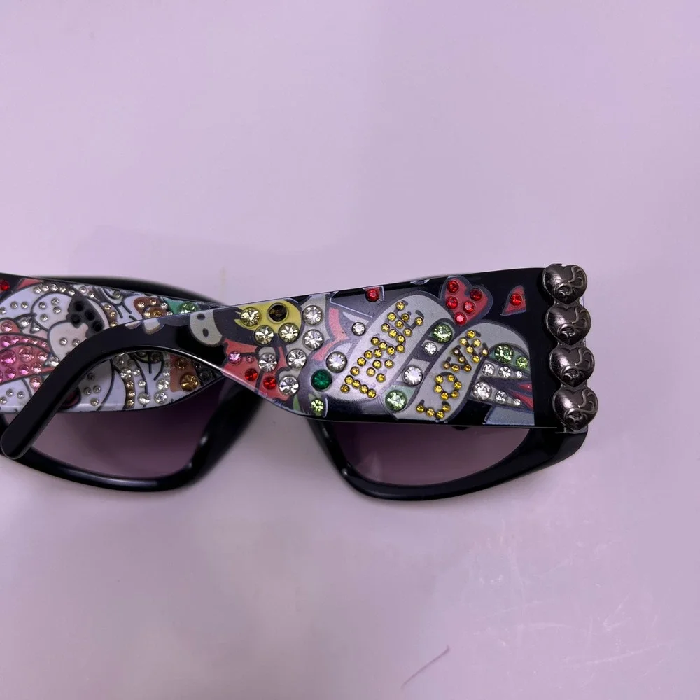 Ed Hardy Rhinestone Skull Shield Sunglasses Womens Black Acetate